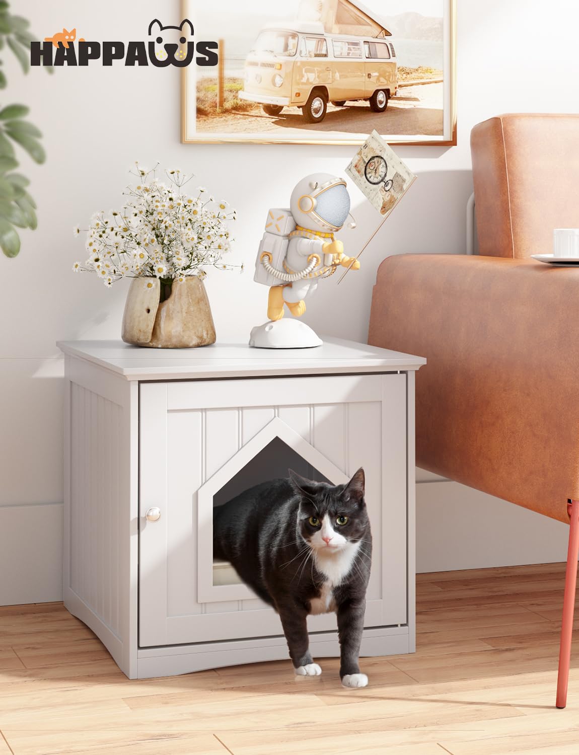 Happaws Cat Litter Box Enclosure Furniture, Modern Box Hidden, Sturdy Wooden Night Stand And Cat House Side Table, Easy Assembly